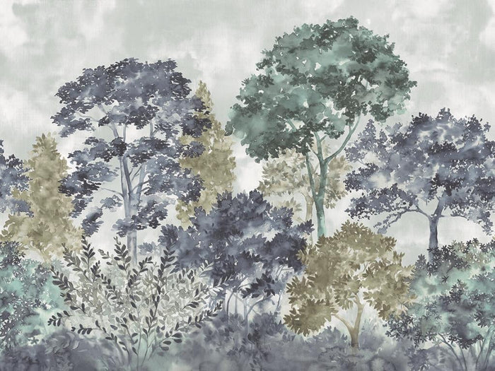 Boulevard Watercolour Tree - Blue Green - Custom Sized Wallpaper Mural (per m2)