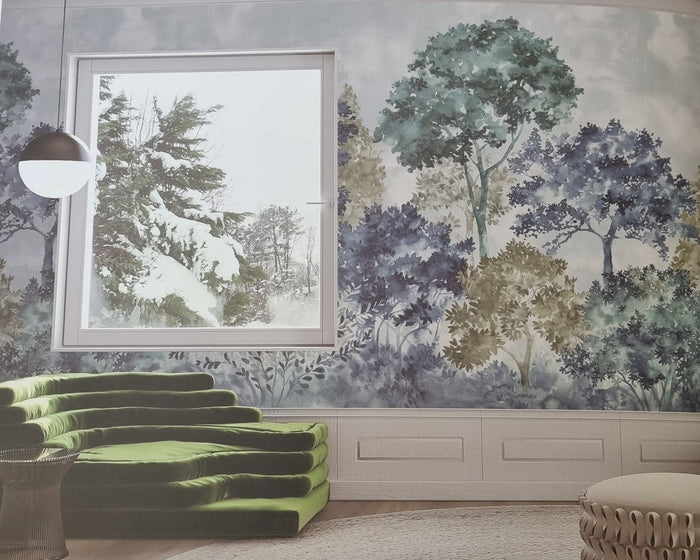 Boulevard Watercolour Tree - Blue Green - Custom Sized Wallpaper Mural (per m2)