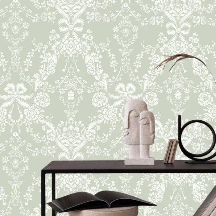 Bow Damask – Bee & Butterfly Wallpaper – Sage
