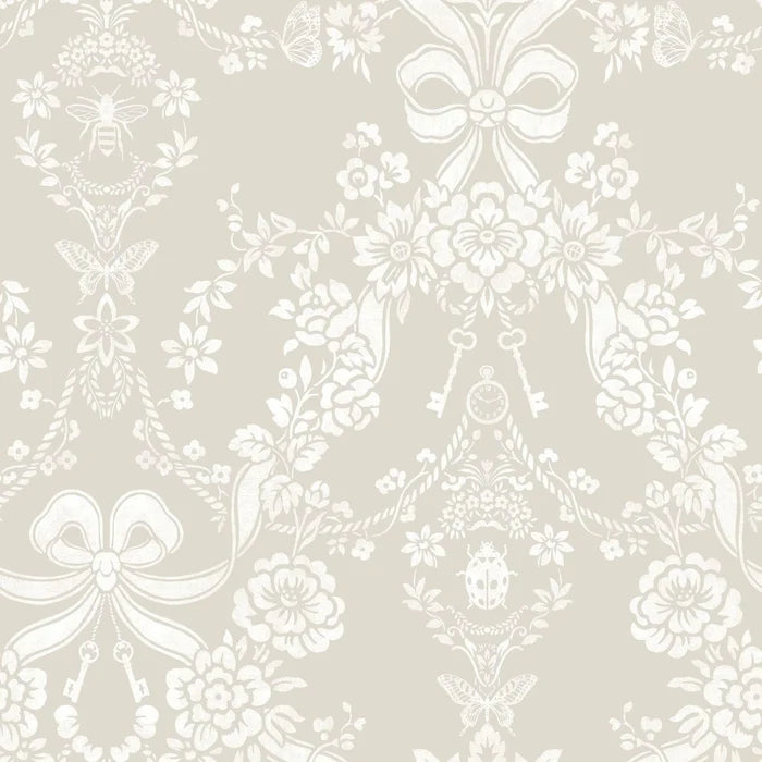 Bow Damask – Bee & Butterfly Wallpaper – Taupe