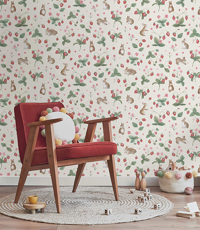 Bunnies & Berries Wallpaper - Cream