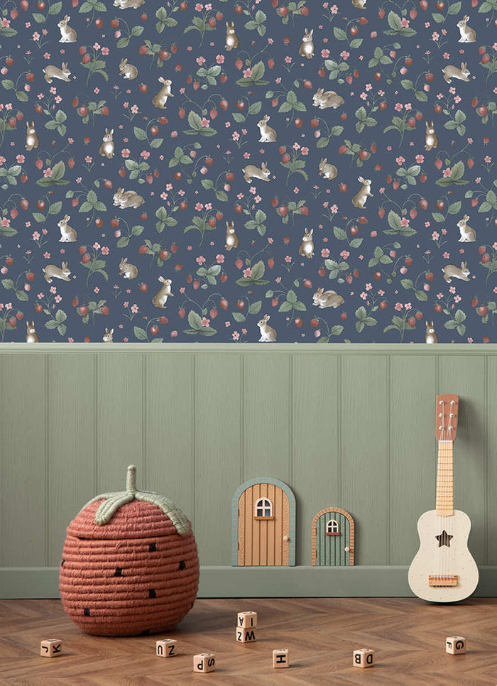 Bunnies & Berries Wallpaper - Navy