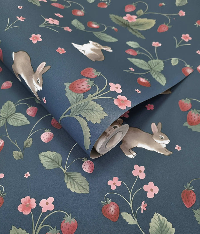 Bunnies & Berries Wallpaper - Navy