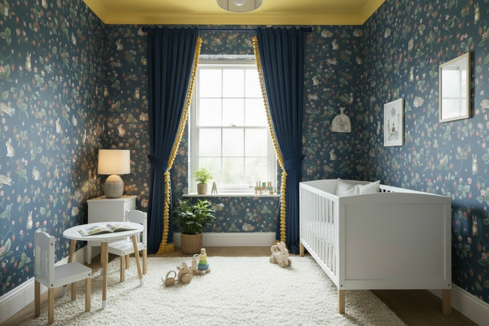 Bunnies & Berries Wallpaper with Blue Velvet Curtains, Yellow Fringe, and Yellow Ceiling