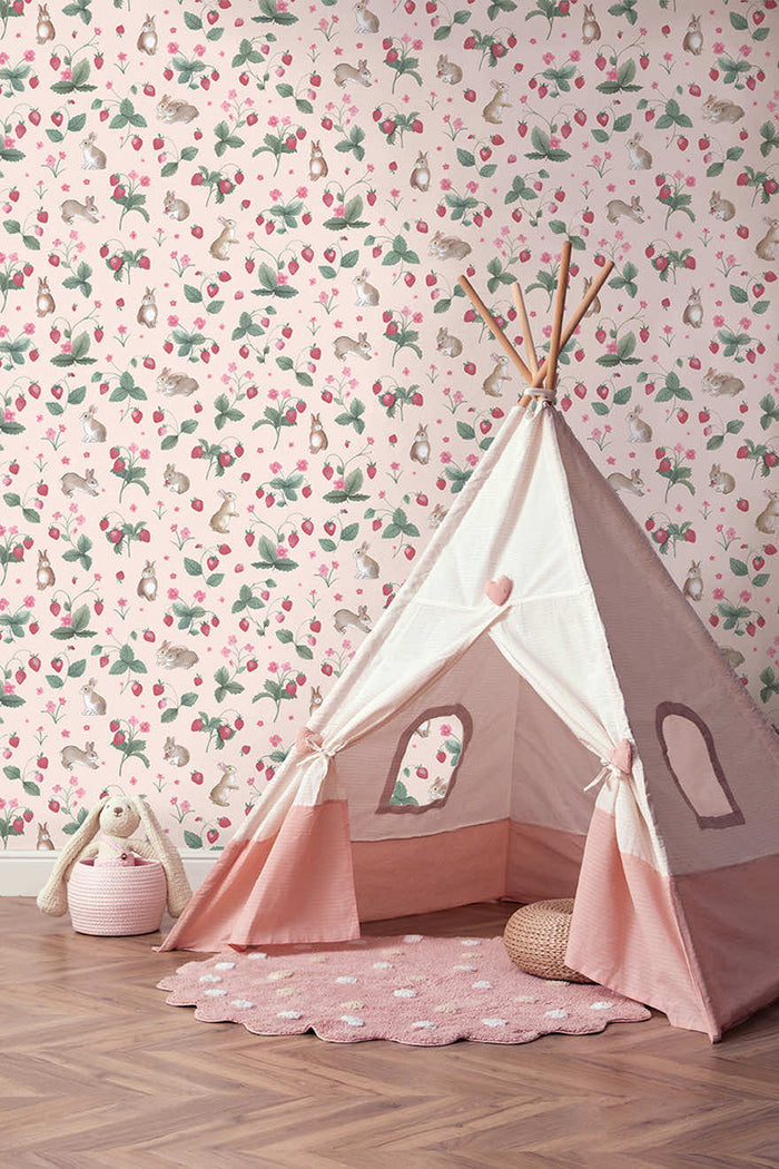 Bunnies & Berries Wallpaper - Pink
