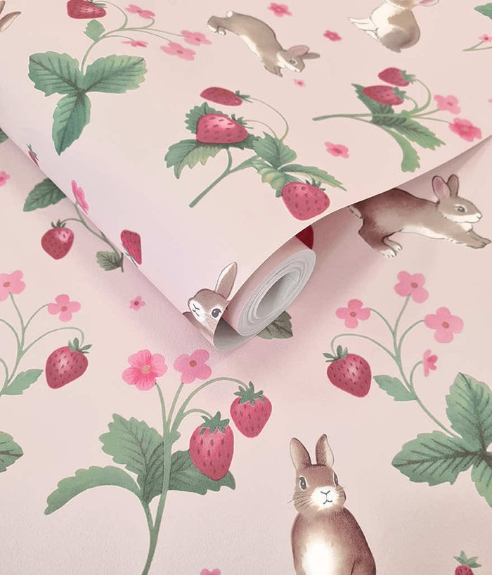 Bunnies & Berries Wallpaper - Pink