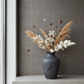 Burlap Fine Weave Grasscloth - Jute on Metallic Blue with vase