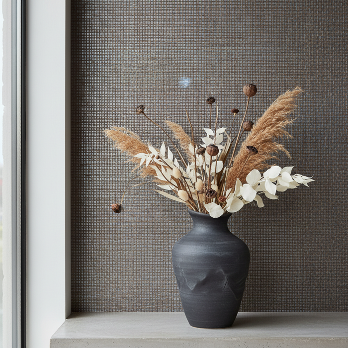 Burlap Fine Weave Grasscloth - Jute on Metallic Blue with vase