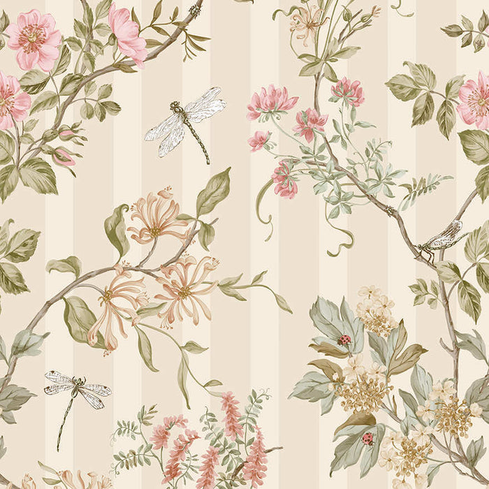 Camberley cream coral wallpaper with dragonflies, dog roses and honeysuckle over a tonal stripe