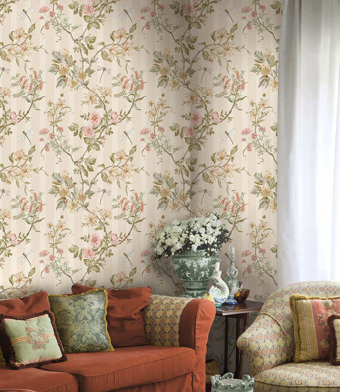 Cream and coral Camberley floral stripe wallpaper on a hallway wall