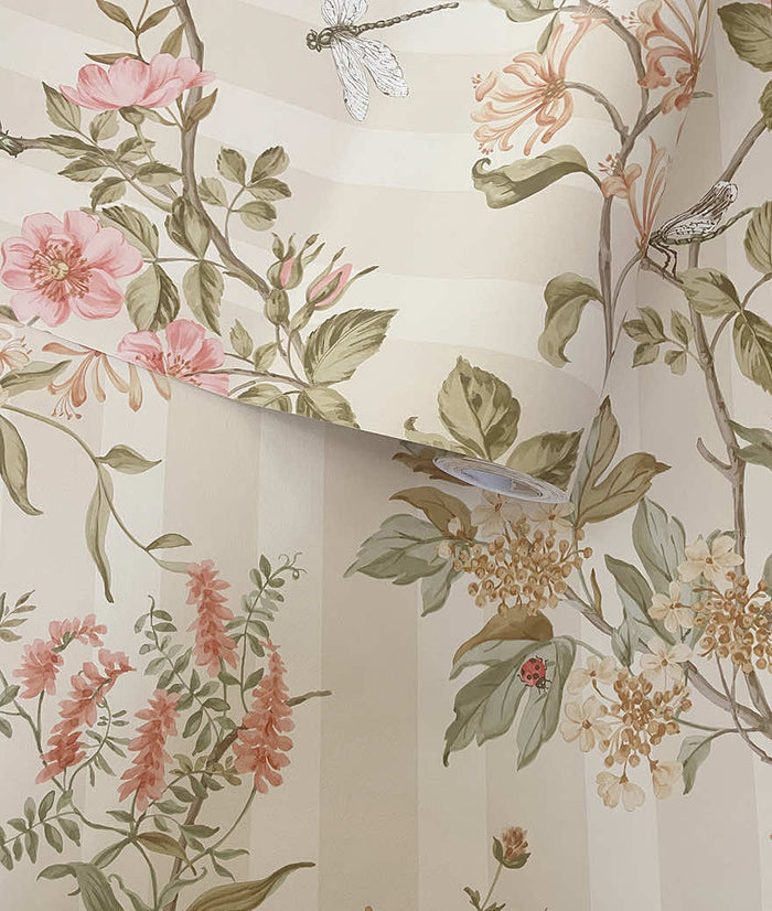 Roll of Camberley floral stripe wallpaper in cream coral