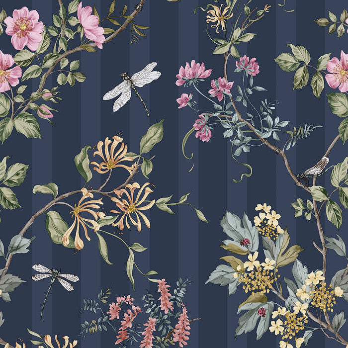 Camberley navy multi wallpaper with dragonflies, dog roses and honeysuckle over a tonal stripe