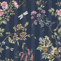 Camberley navy multi wallpaper with dragonflies, dog roses and honeysuckle over a tonal stripe