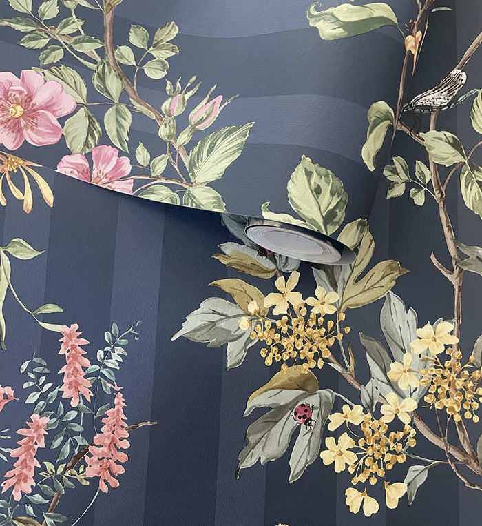 Roll of Camberley floral stripe wallpaper in navy multi