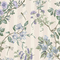 Camberley neutral blue wallpaper with dragonflies, dog roses and honeysuckle over a soft stripe