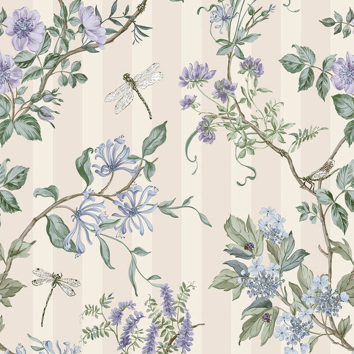 Camberley neutral blue wallpaper with dragonflies, dog roses and honeysuckle over a soft stripe