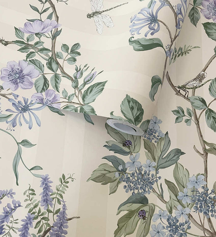 Roll of Camberley floral stripe wallpaper in neutral blue