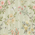 Camberley sage wallpaper with dragonflies, dog roses and honeysuckle over a tonal stripe