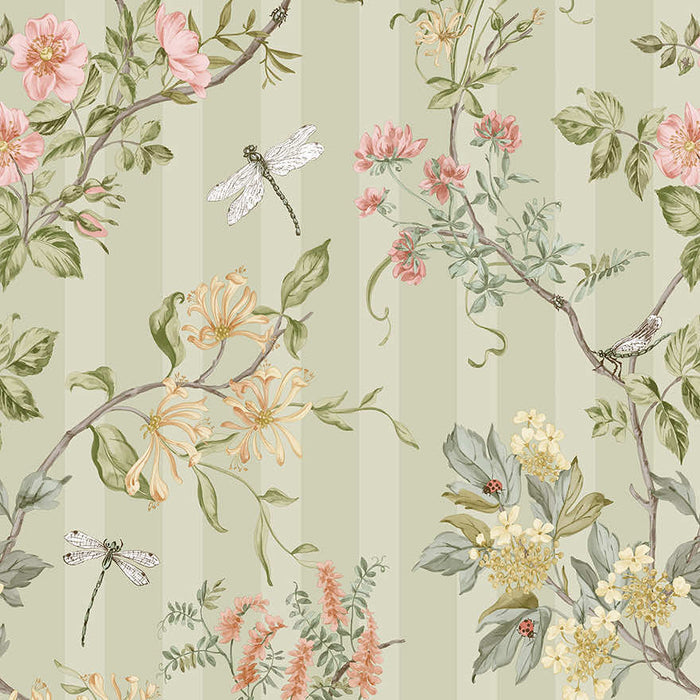 Camberley sage wallpaper with dragonflies, dog roses and honeysuckle over a tonal stripe
