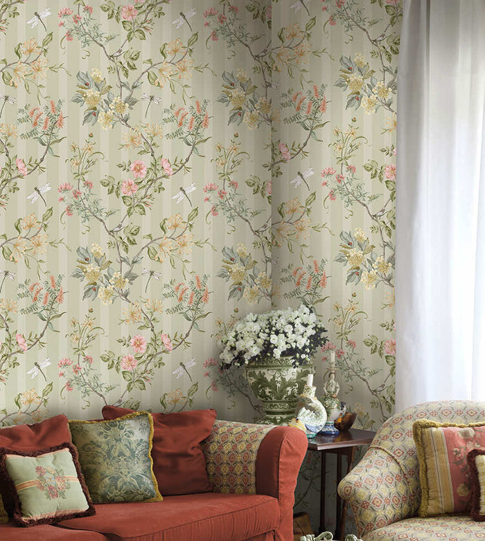 Sage green Camberley floral stripe wallpaper on a bathroom wall