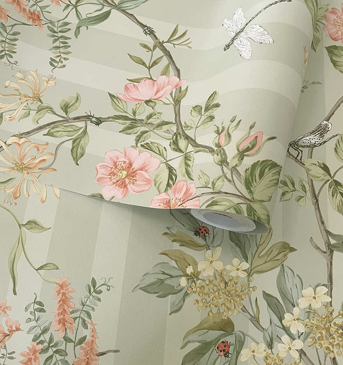 Roll of Camberley floral stripe wallpaper in sage