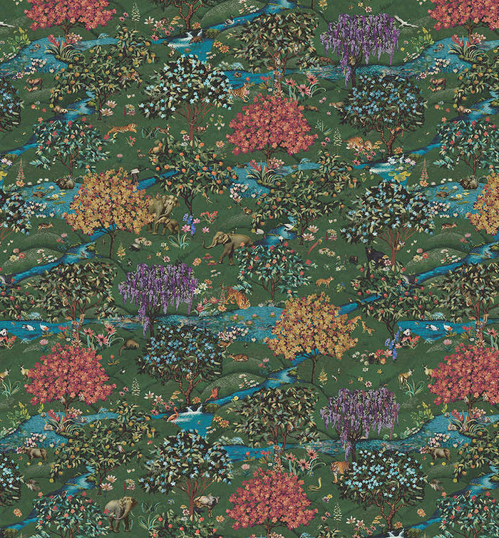 Cardamom Mountains mural showing tigers, a leopard, an elephant and deer in a forest with gold and pink blossom trees