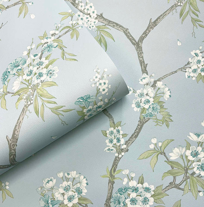 Cherry Blossom – Trailing Branches Wallpaper – Blue