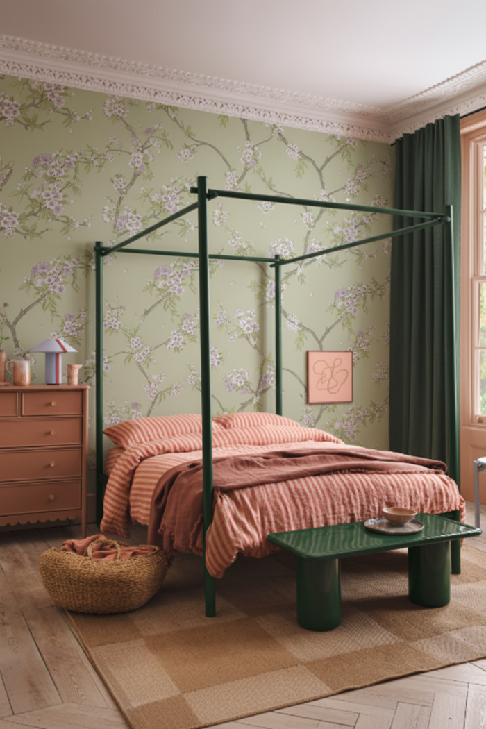 Four-poster Bedroom with Dark Green Bed, Table, Curtains and Cherry Blossom Wallpaper