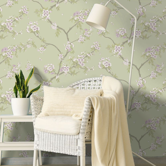 Cherry Blossom – Trailing Branches Wallpaper – Sage Heather