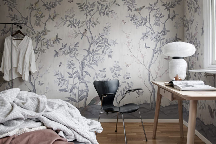 Chinoiserie Chic - Pearl Grey - Custom Sized Wallpaper Mural (per m2)