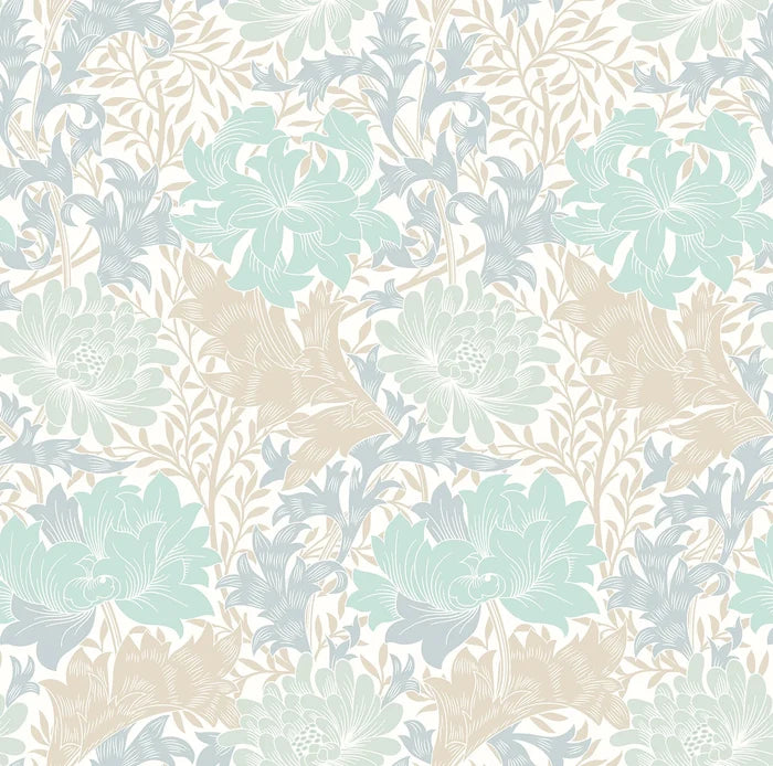 Chrysanthemum - Eden by Morris Wallpaper - Duck Egg Blue