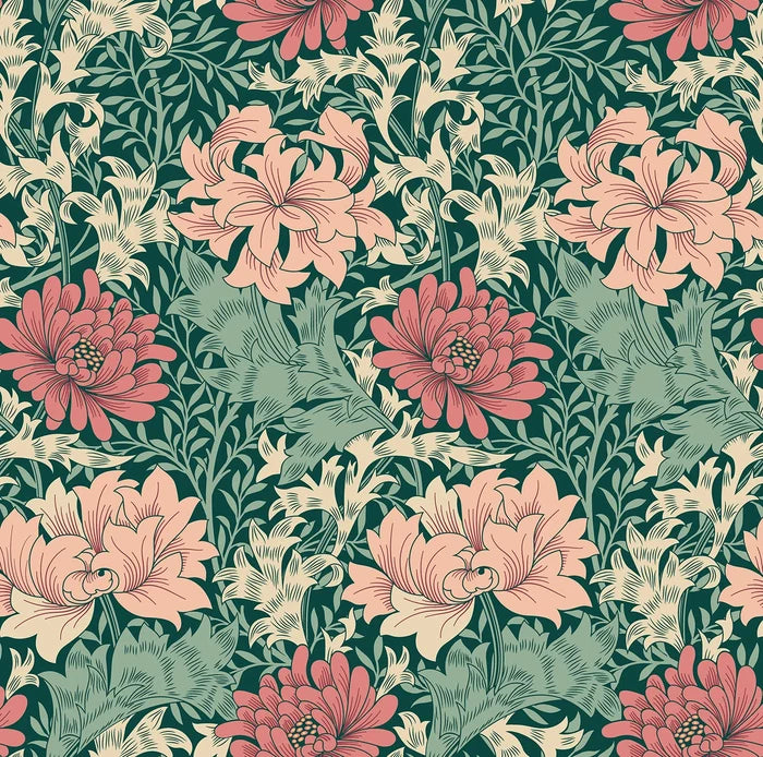 Chrysanthemum - Eden by Morris Wallpaper - Green/Pink