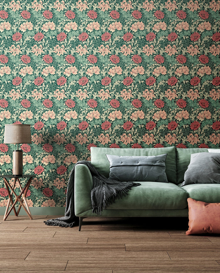 Chrysanthemum - Eden by Morris Wallpaper - Green/Pink