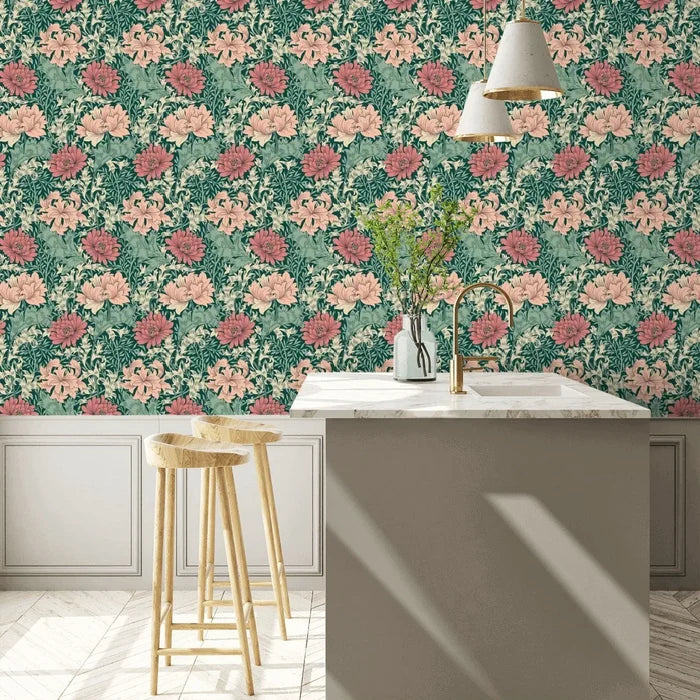 Chrysanthemum - Eden by Morris Wallpaper - Green/Pink