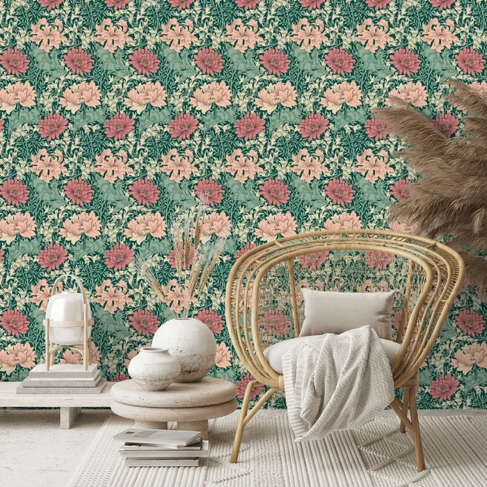 Chrysanthemum - Eden by Morris Wallpaper - Green/Pink