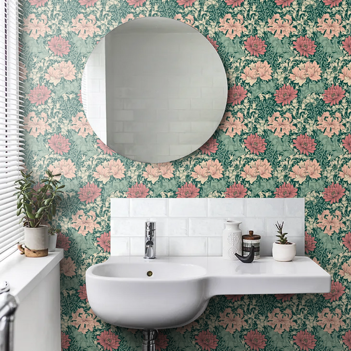 Chrysanthemum - Eden by Morris Wallpaper - Green/Pink