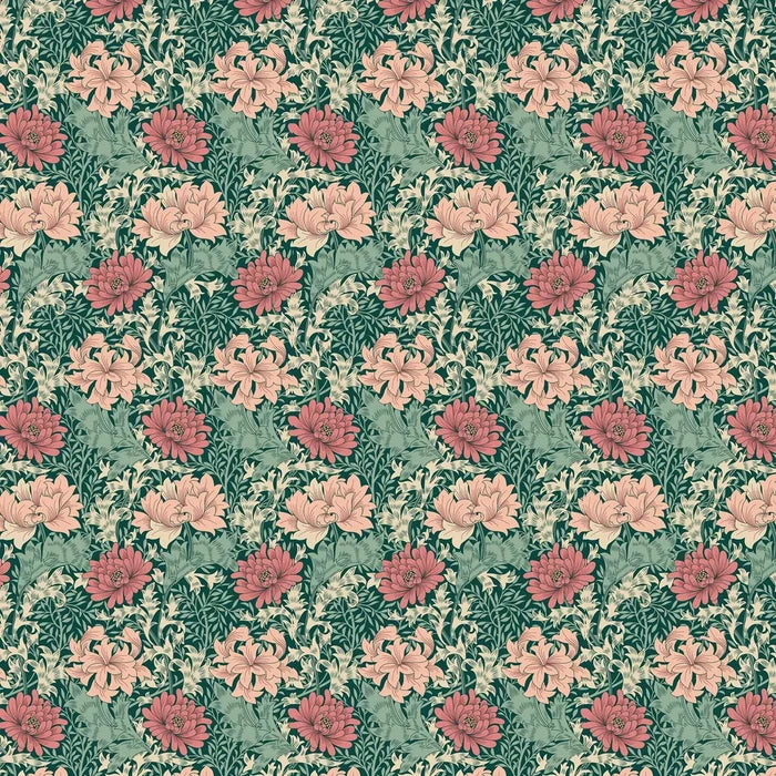 Chrysanthemum - Eden by Morris Wallpaper - Green/Pink