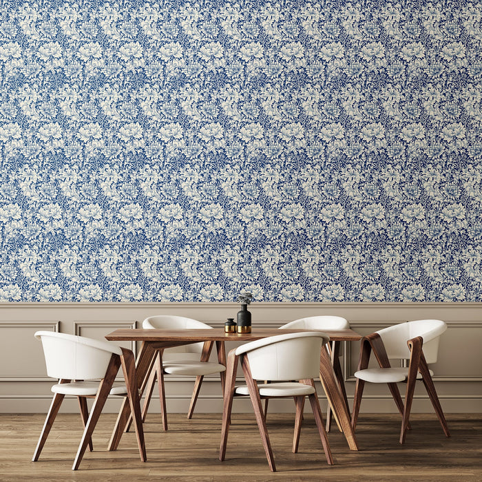 Chrysanthemum - Eden by Morris Wallpaper - Indigo Blue