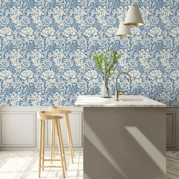Chrysanthemum - Eden by Morris Wallpaper - Indigo Blue