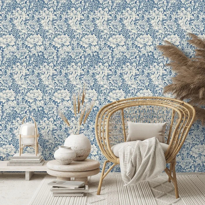 Chrysanthemum - Eden by Morris Wallpaper - Indigo Blue