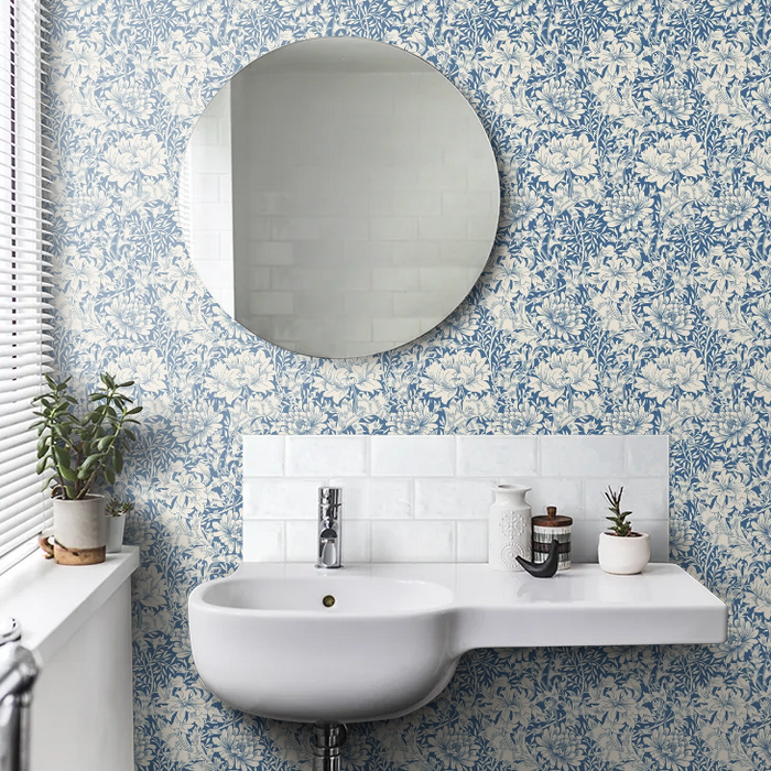 Chrysanthemum - Eden by Morris Wallpaper - Indigo Blue