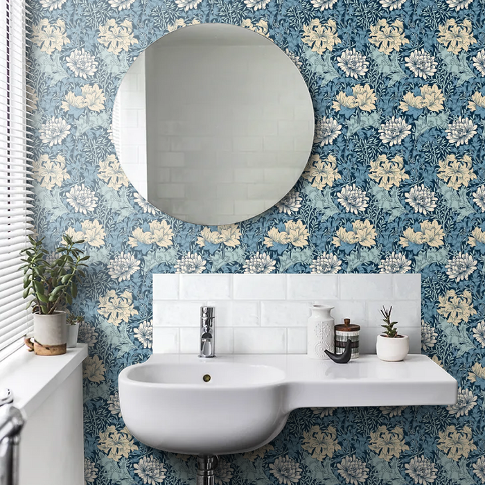 Chrysanthemum - Eden by Morris Wallpaper - Navy Mix