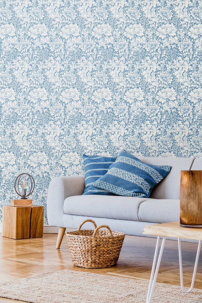 Chrysanthemum - Eden by Morris Wallpaper - Wedgewood Blue