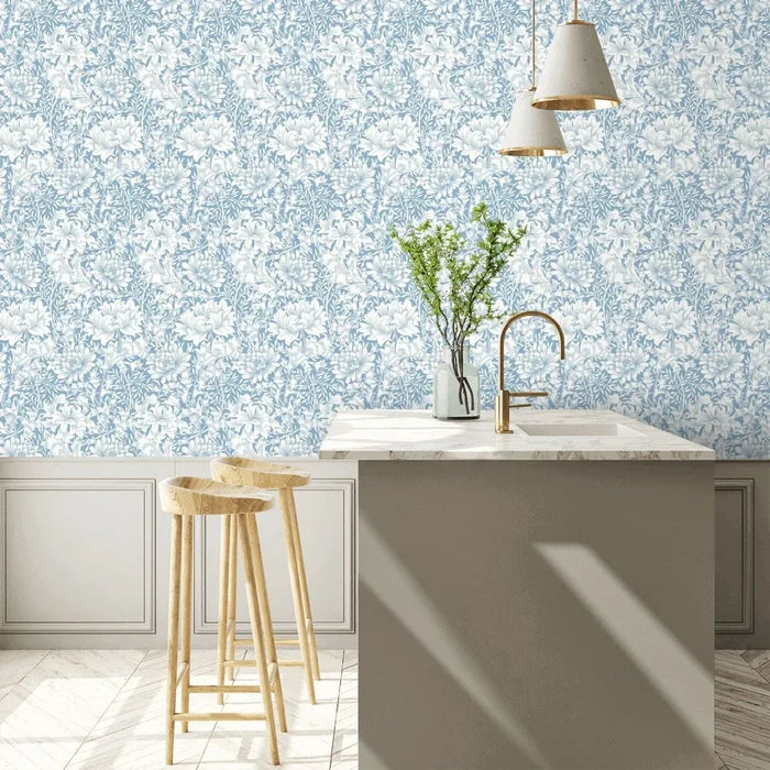Chrysanthemum - Eden by Morris Wallpaper - Wedgewood Blue