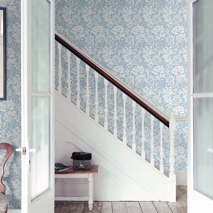 Chrysanthemum - Eden by Morris Wallpaper - Wedgewood Blue