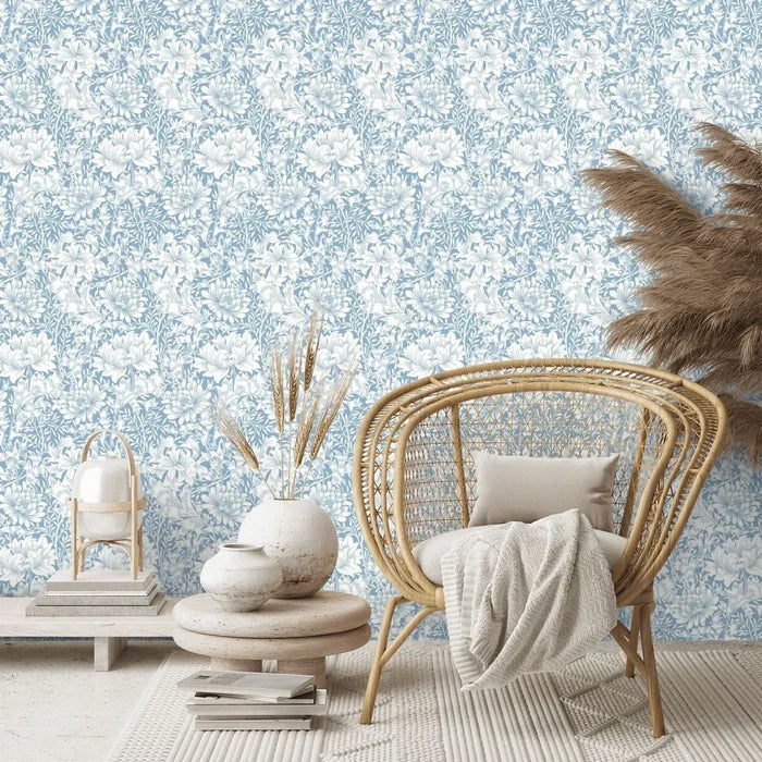 Chrysanthemum - Eden by Morris Wallpaper - Wedgewood Blue