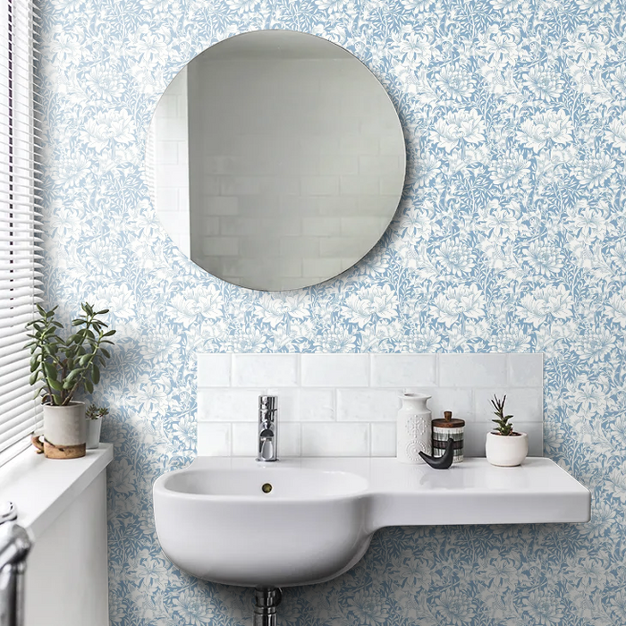 Chrysanthemum - Eden by Morris Wallpaper - Wedgewood Blue