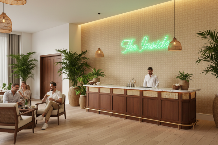 Tropical Hotel Reception with The Inside Neon Sign