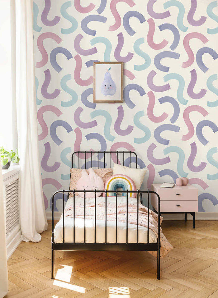 Curly Confetti Wallpaper - Aqua/Lilac/Pink