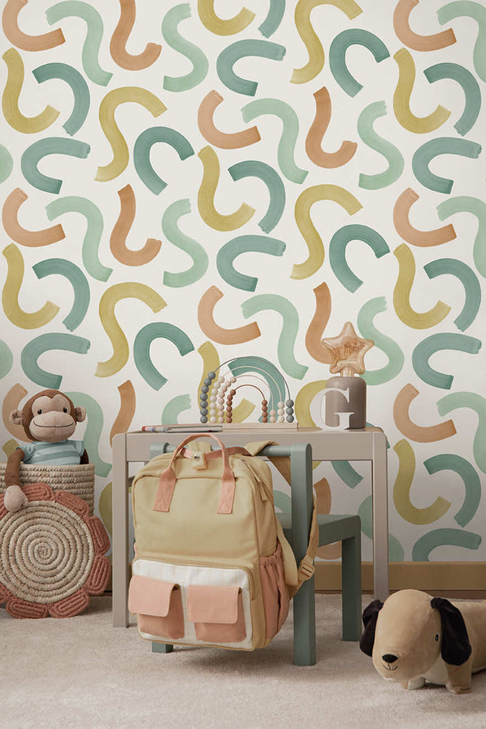 Curly Confetti Wallpaper - Teal/Ochre/Orange